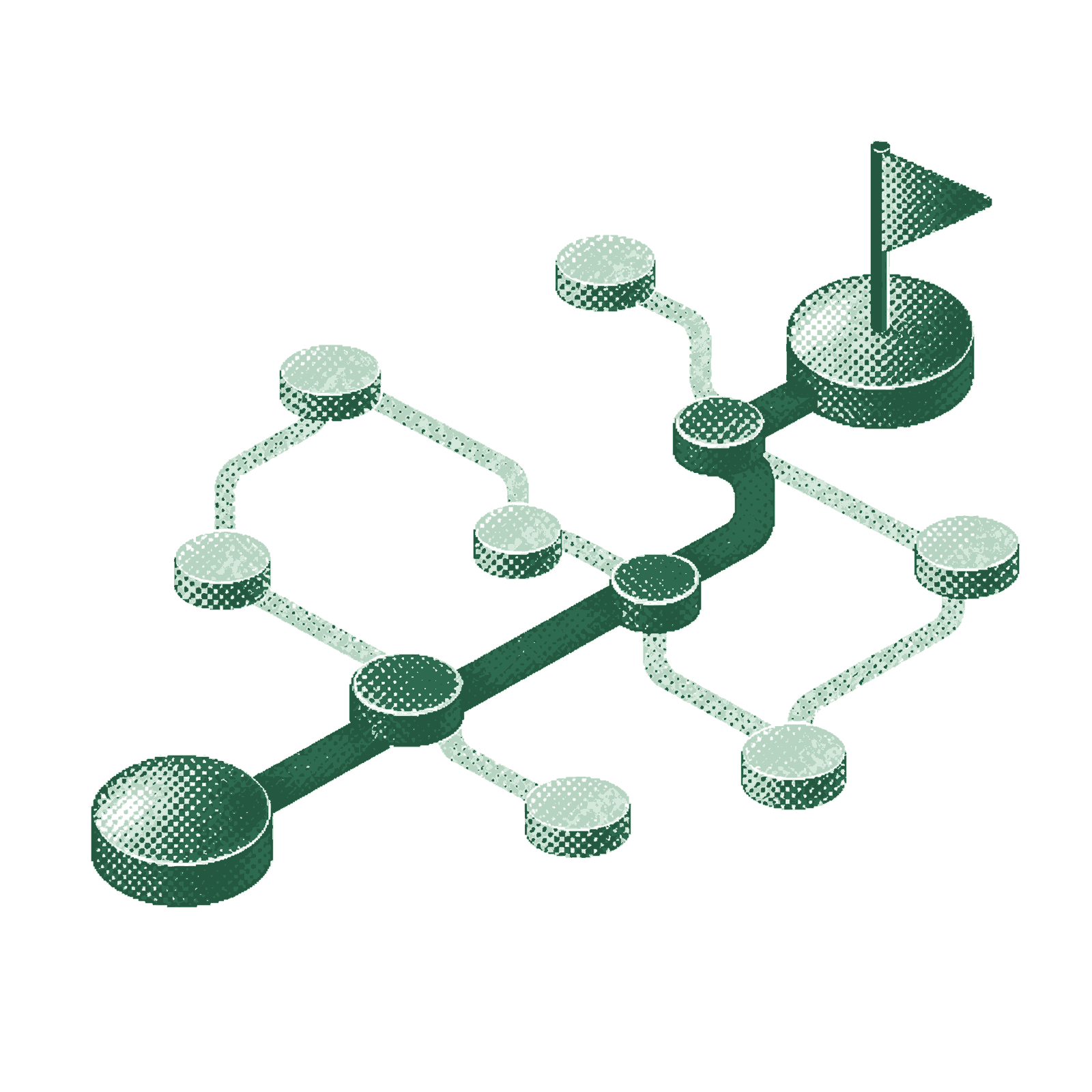 Mapa de decisiones con caminos que convergen en una ruta, en dither verde