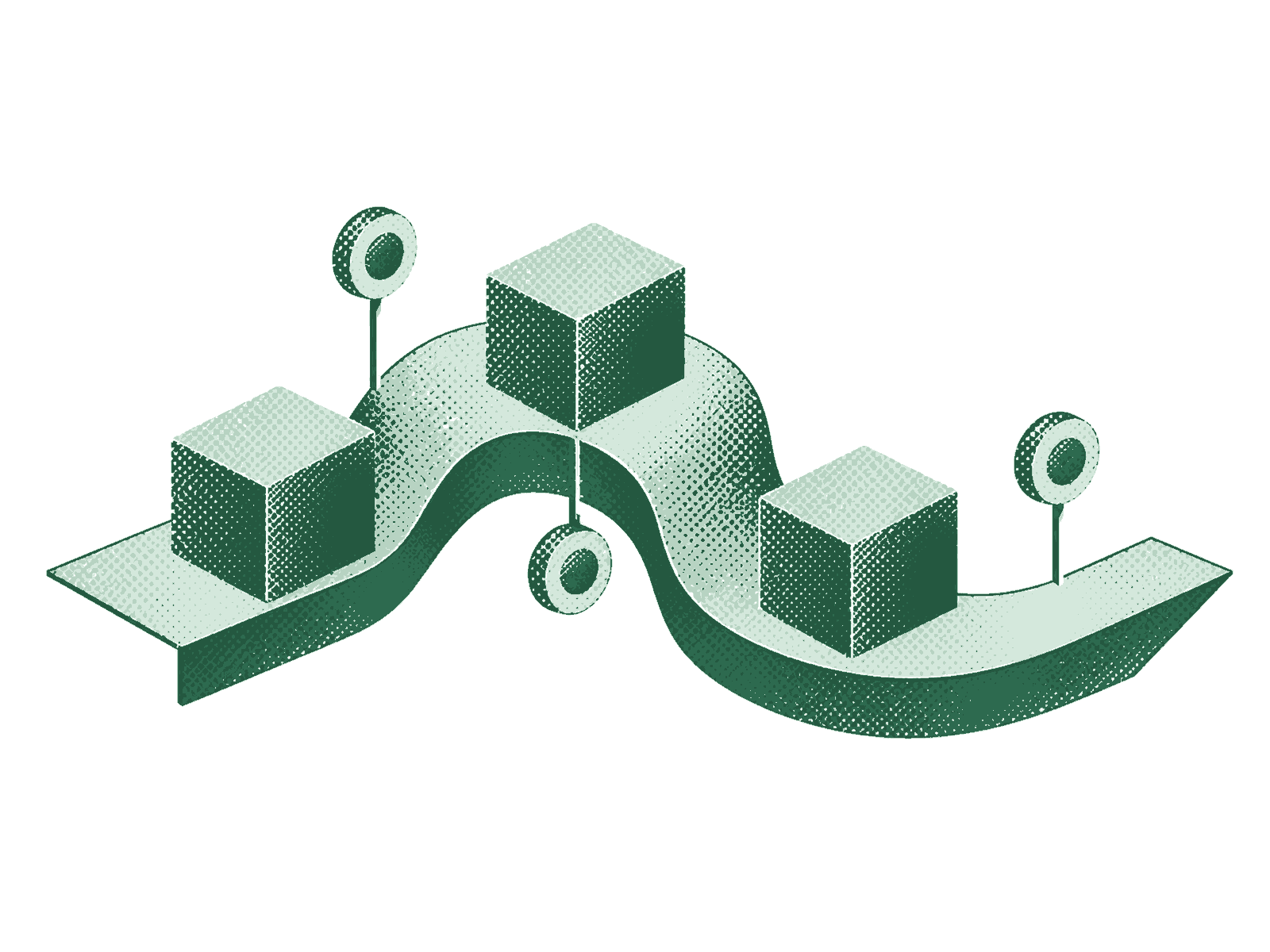 Cajas sobre una cinta geométrica continua con hitos de trazabilidad, en dither verde