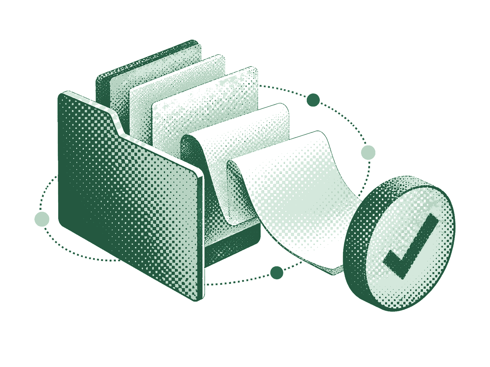Expediente abierto con documentos y un sello de validación, en dither verde