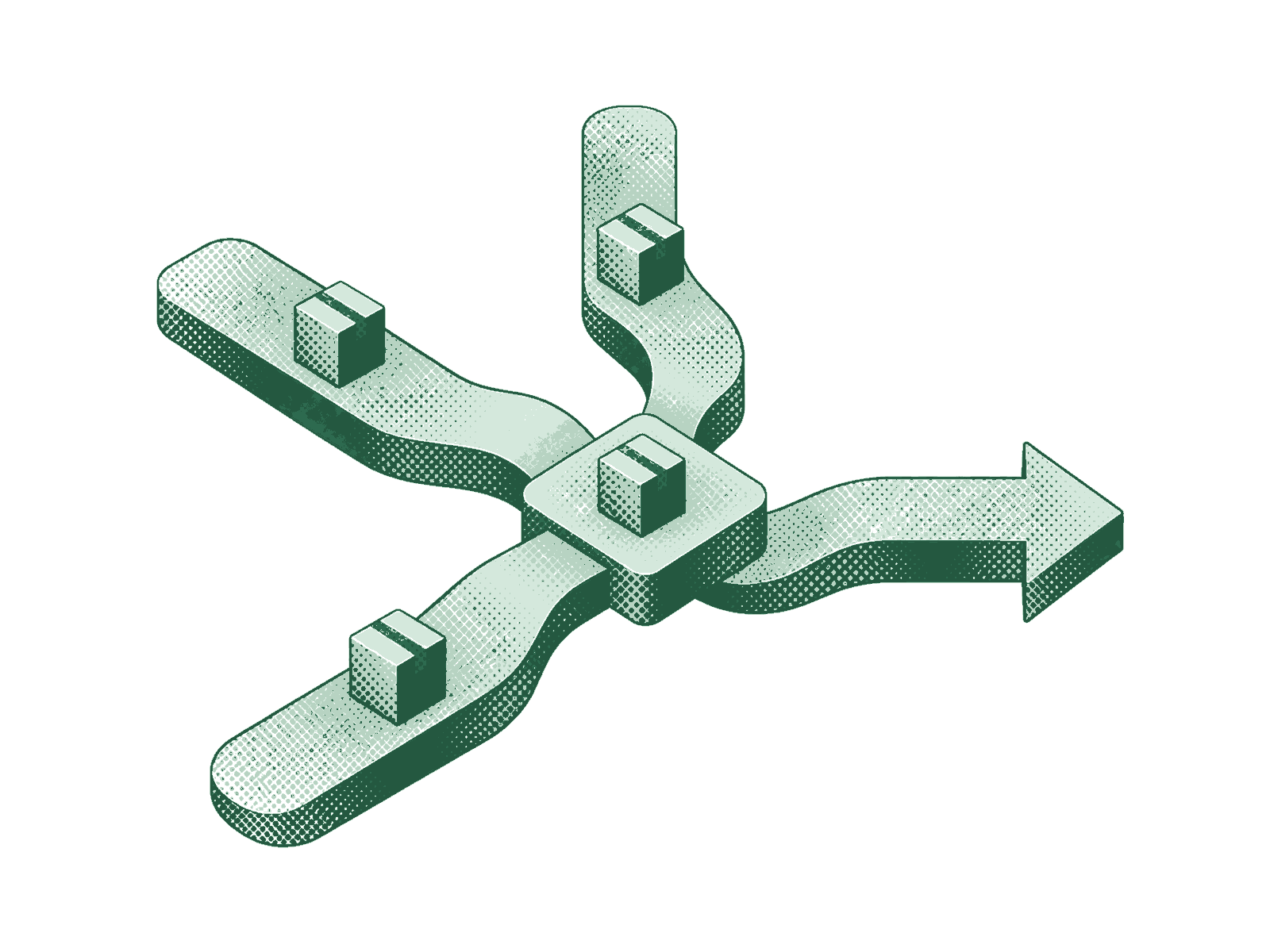 Flujos geométricos y bloques conectados que representan la planificación logística, en dither verde