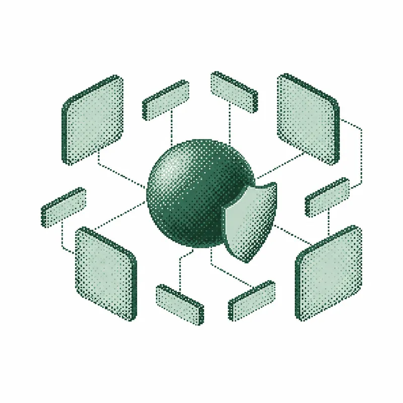 Esfera central conectada a varios documentos, ilustración dither verde