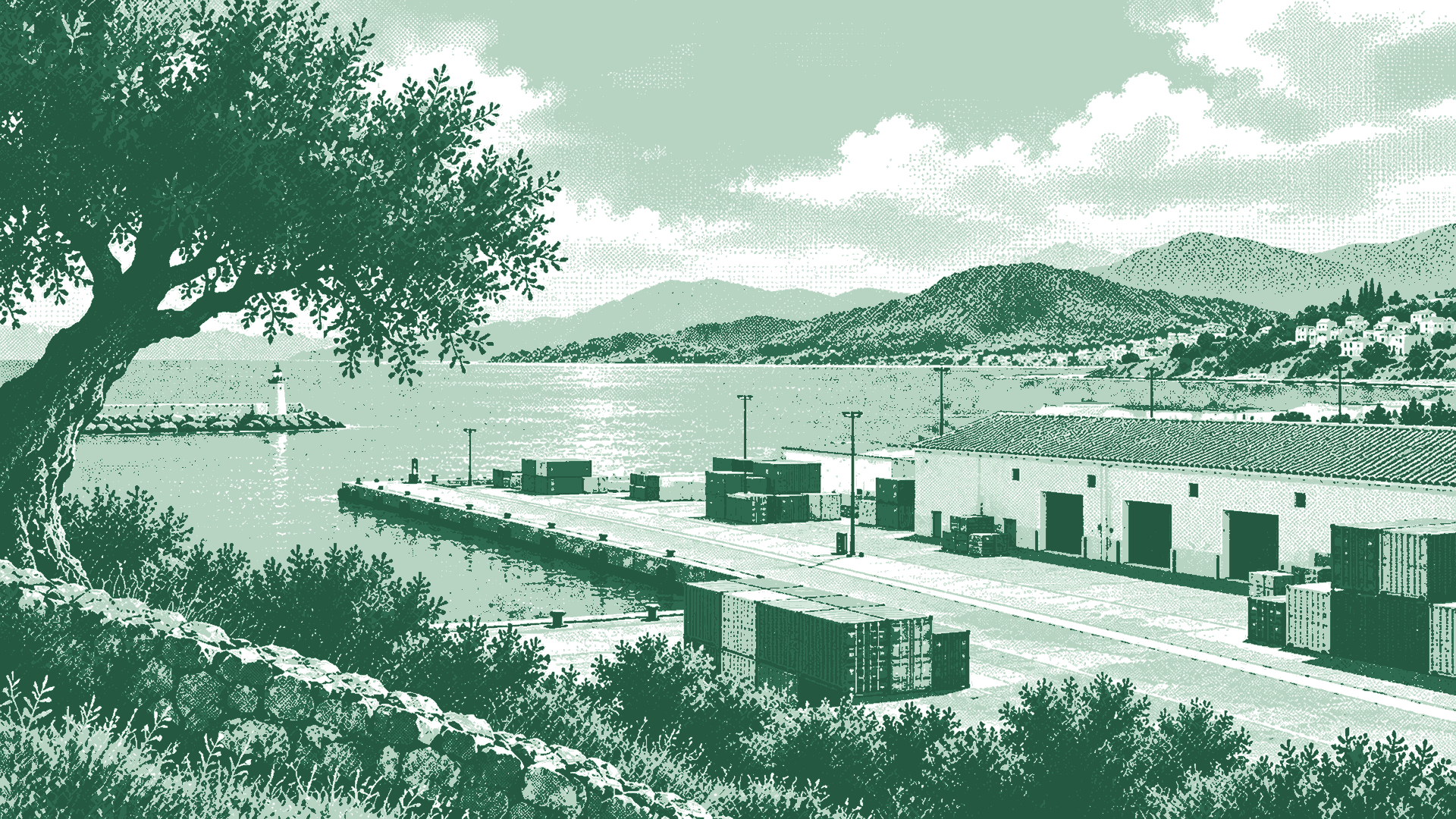 Terminal logística junto a un puerto mediterráneo, en dither verde