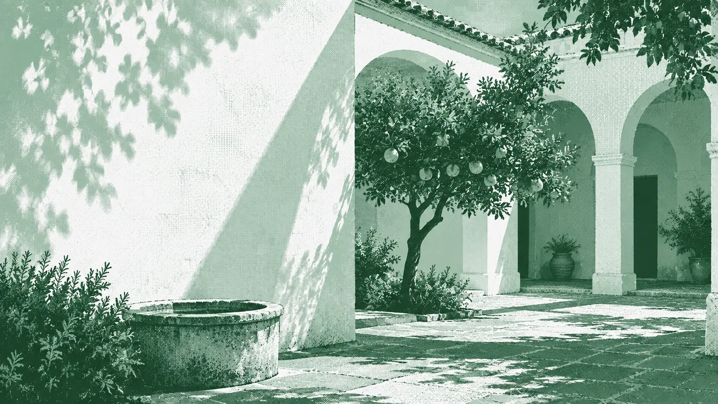 Patio andaluz con arcos encalados y un naranjo, con textura dither verde